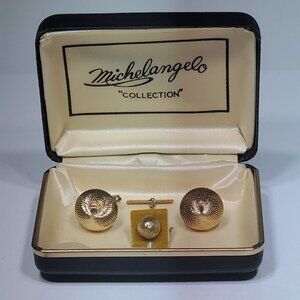 GOLD TONE SWIRL PATTERN CUFF LINKS AND TIE TACK SET, 1985, MADE IN GREAT BRITAIN